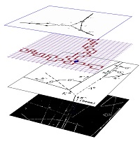 This diagram illustrates the wide range of distance scales that must be understood before the kaon-decay calculation can be performed. The lowest layer is a picture showing the tracks of the decay particles as they move through the liquid hydrogen of a “bubble chamber” — a kind of particle detector used in the 1950s and 60s. The next layer is a diagrammatic interpretation of what’s happening in the bubble-chamber picture — how the kaon (K) is produced and “breaks apart” to form two other particles: the positive pion (π+) and negative pion (π -). This process happens on the familiar scale of a fraction of a meter. The next scale of a few femtometers is shown on the third layer, where the lattice of points and paths represents the supercomputer calculation, which takes into account the binding of quarks and antiquarks as they form the particles being studied. Finally the top layer shows what is known as a Feynman diagram of the shortest scale — 1/1000 of a femtometer — the scale at which a quark undergoes a sort of metamorphosis from one flavor into another.