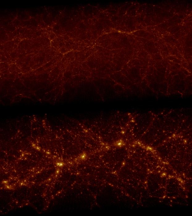 Screenshots from the simulation show (top) the distribution of matter corresponding to the observed galaxy distribution at a light travel time of 11 billion years (when the Universe was only 2.76 billion years old or 20% its current age), and (bottom) the distribution of matter in the same region after 11 billion lights years or corresponding to our present time.  CREDIT Ata et al.