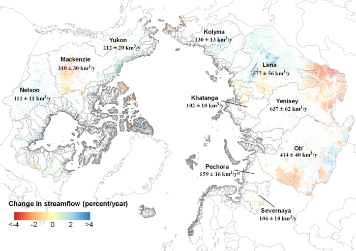 Temporal trends in river discharge during 1984-2018 show significant regional differences in river discharge patterns. Areas in blue indicate increases in discharge of up to 4%, while those in red show decreases of up to 4%. The chart illustrates that significant portions of Eurasia show decreases in streamflow over the past 35 years. Only rivers with statistically significant trends are mapped.  CREDIT Dongmei Feng, et al.