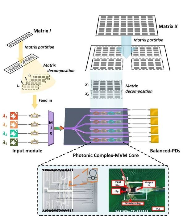 Working principle of the photonic complex matrix-vector multiplier chip.  CREDIT Junwei Cheng, Yuhe Zhao, Wenkai Zhang, Hailong Zhou, Dongmei Huang, Qing Zhu, Yuhao Guo, Bo Xu, Jianji Dong, Xinliang Zhang；