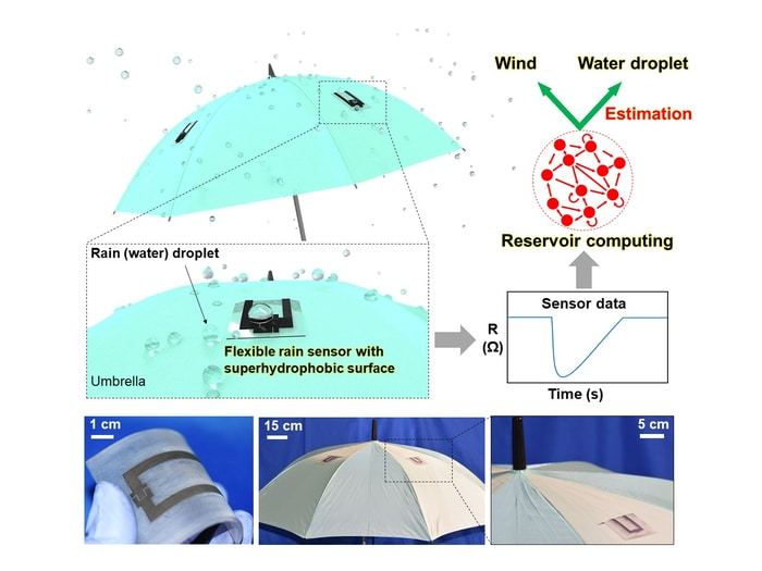 A versatile, flexible sensor sheet can be easily fixed to a wide range of surfaces to simultaneously monitor rain volume and wind speed. The sensor measures the electrical resistance generated when raindrops hit its surface at different wind speeds and provides sensor data, which is analyzed through reservoir computing.  CREDIT Kuniharu Takei, OMU