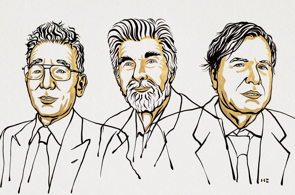 Manabe, Hasselmann and Parisi. Ill. Niklas Elmehed © Nobel Prize Outreach.