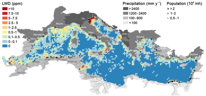 Map displaying the amount of litter (measured in parts per million) in the Mediterranean Sea, as estimated by satellite.