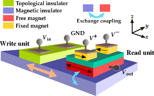 Copy and invert functions implemented with the VTOPSS. In the write unit, an input voltage signal applied across the TI layer causes spin accumulation at the interface of the TI and MI layers, which exerts a spin torque on the magnetization of the MI layer to reverse it. The read unit has a MTJ exchange-coupled to the MI layer that allows reading of the information in the MI layer. The polarity of the output voltage can be changed on the fly by change of the polarity of the voltages   V +   and   V −   on the MTJ stack, allowing both inverting and noninverting logic to be realized with the same primitive/layout. Typical system materials include   Bi 2 Se 3 / ( Bi x Sb 1 − x ) 2 Te 3   as the TI,   Y 3 Fe 5 O 12  ,   ( Ni 0.65 Zn 0.35 ) ( Al 0.2 Fe 0.8 ) O 4  ,   Ba Fe 12 O 19  , or   Tm 3 Fe 5 O 12   as the MI, (  Co  ,  Fe  )  B  -  Mg O  -(  Co  ,  Fe  )  B  /  Ru  /  Co Fe  /  Ir Mn   (synthetic antiferromagnet) as the MTJ, and metallic or semiconducting nanointerconnects with effective resistivity less than   100 μ Ω cm   as wires. GND, ground.