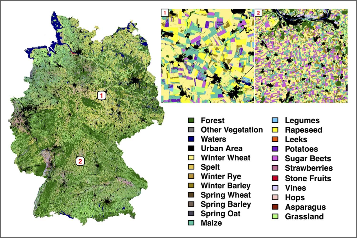 Map of Germany, land cover. The algorithm identifies 19 different types of crops, accurate to 88 percent. Photo: ©UFZ