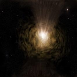 An artist’s impression of what an active galactic nucleus might look like at close quarters. The accretion disk produces the brilliant light in the centre. The broad-line region is just above the accretion disk and lost in the glare. Dust clouds are being driven upwards by the intense radiation. Credit: Peter Z. Harrington.