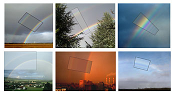 Researchers simulated a variety of rainbows. Here, their simulations, bounded by black boxes, are inserted into photographs of real rainbows.