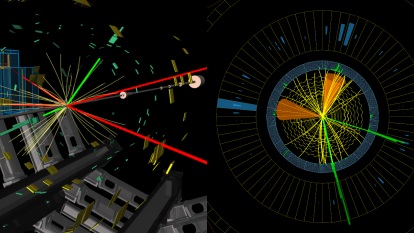 Candidates for a Higgs produced with a Z. ATLAS (l): both decay ultimately to leptons, leaving two electrons (green) and four muons (red). CMS (r): the Higgs decays to two charm quarks forming jets (cones); the Z decays to electrons (green) (Image: ATLAS/CMS/CERN)