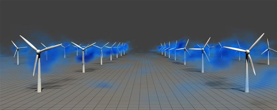 Simulation of a wind farm, showing the wake behind each turbine