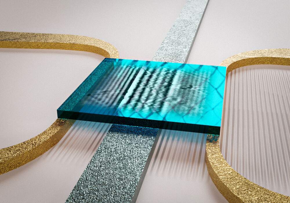 The image depicts an experiment with two gold electrodes placed on a thin magnetic layer. A superconducting electrode is positioned in the middle. The researchers induce the spin waves in the magnetic material using the left gold electrode, which then propagate towards the right. A square diamond membrane is present on top of the electrodes, which allows the researchers to observe the superconducting electrode. Photo credit goes to Michael Borst from TU Delft.